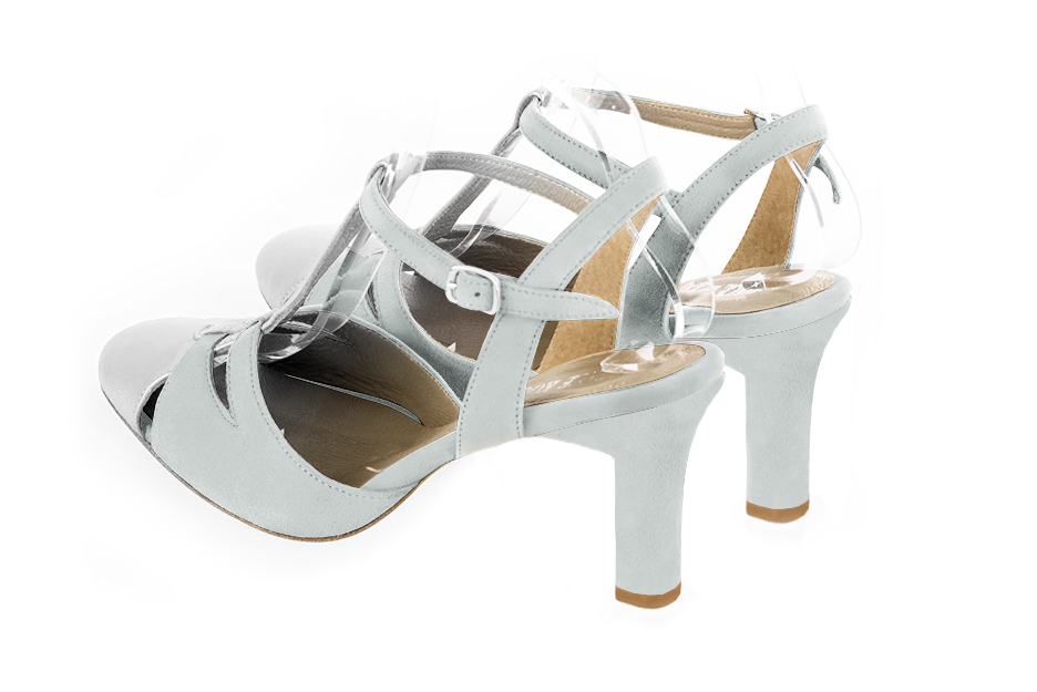 Light silver and pearl grey women's open back T-strap shoes. Round toe. High kitten heels. Rear view - Florence KOOIJMAN
